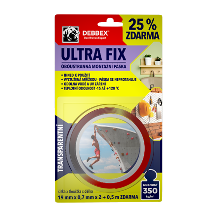 Obojstranná montážna páska STRONG MONTAGE 19 mm x 0,7 mm, dĺžka 2,5 m transparentná